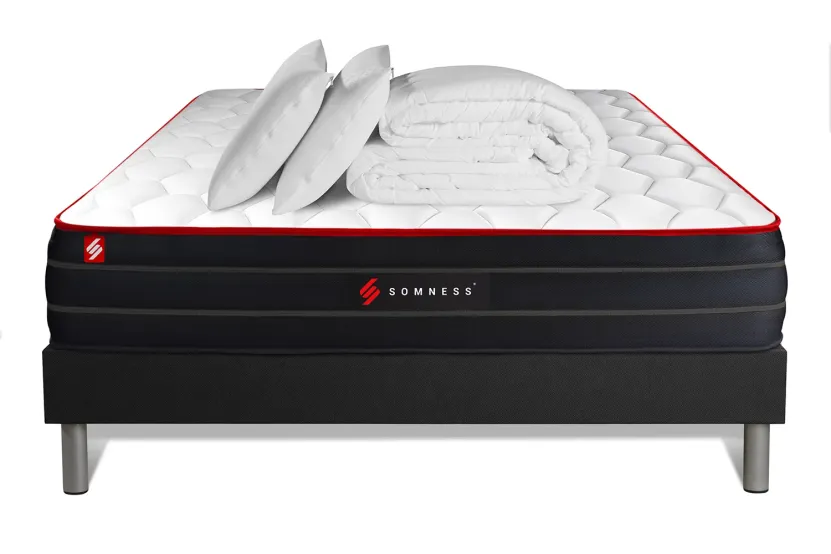 Pack lit complet 200x200 cm - Matelas + Sommier Noir (en kit) + 2 oreillers + Couette - Boost