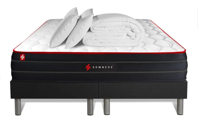 Pack lit complet 180x200 cm - Matelas + 2 Sommiers noirs + 2 oreillers + Couette - Boost