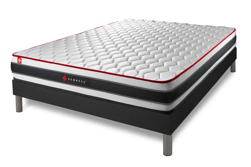 Pack lit complet 200x200 cm - Matelas + Sommier Noir (en kit) + 2 oreillers + Couette - Energy