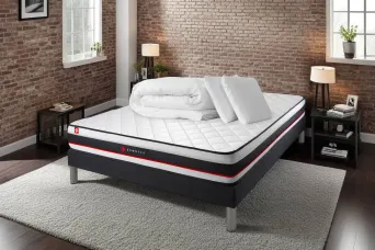 Pack lit complet 140x200 cm - Matelas + Sommier Noir (en kit) + 2 oreillers + Couette - Form