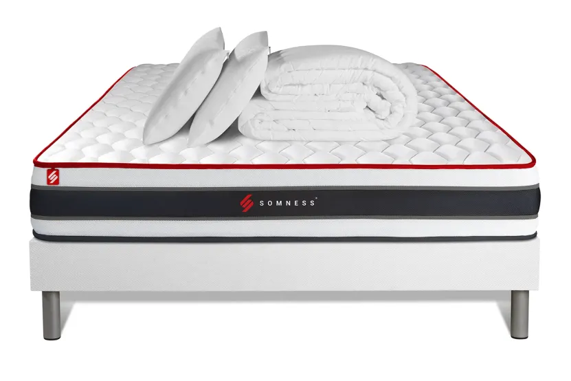 Pack lit complet 140x190 cm - Matelas + Sommier Blanc (en kit) + 2 oreillers + Couette - Energy