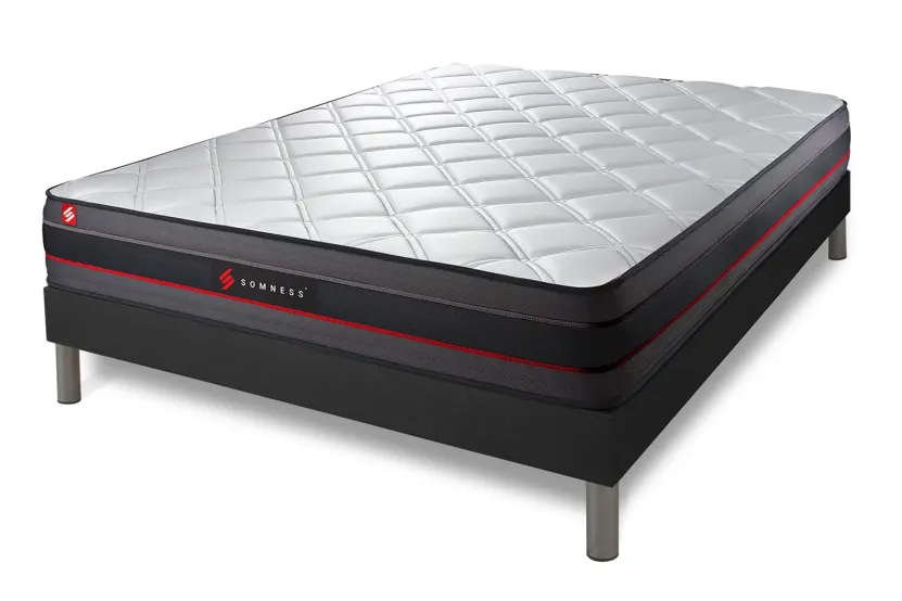 Pack lit complet 160x200 cm - Matelas + Sommier Noir (en kit) + 2 oreillers + Couette - Regen