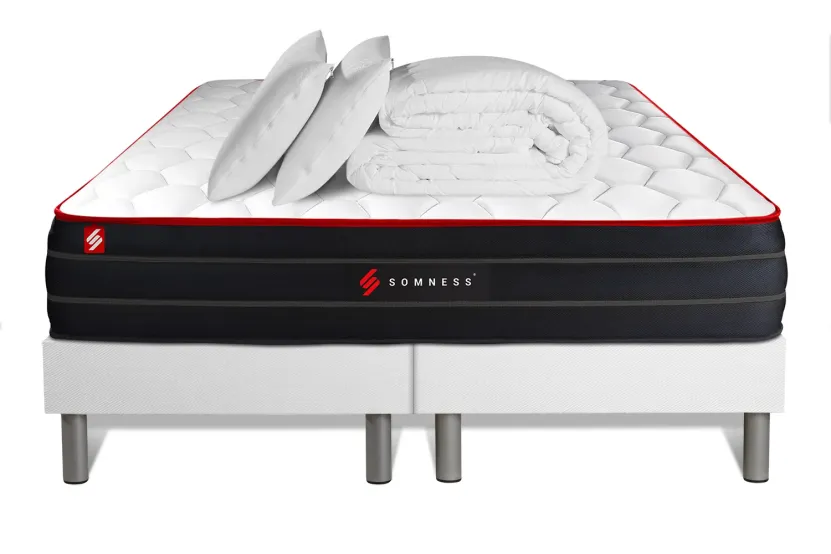 Pack lit complet 200x200 cm - Matelas + 2 Sommiers Blancs blancs  + 2 oreillers + Couette - Boost