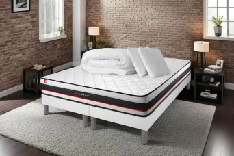 Pack lit complet 200x200 cm - Matelas + 2 Sommiers Blancs + 2 oreillers + Couette - Form