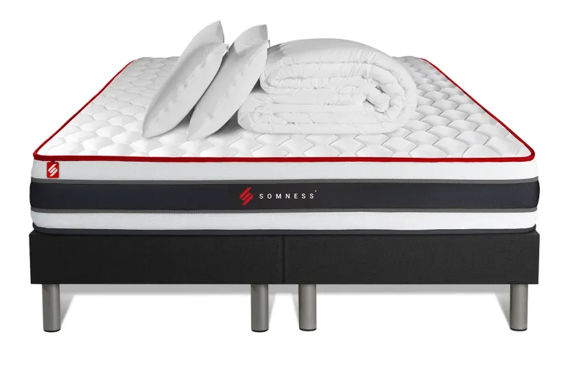 Pack lit complet 200x200 cm - Matelas + 2 Sommiers noirs  + 2 oreillers + Couette - Energy