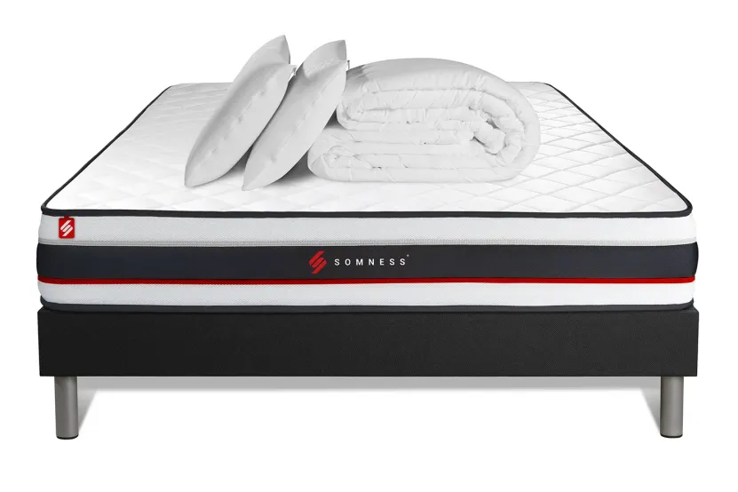 Pack lit complet 140x190 cm - Matelas + Sommier Noir (en kit) + 2 oreillers + Couette - Form