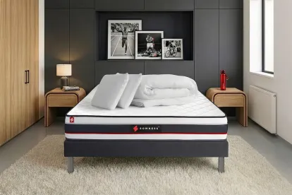 Pack lit complet 140x200 cm - Matelas + Sommier Noir + 2 oreillers + Couette - Form