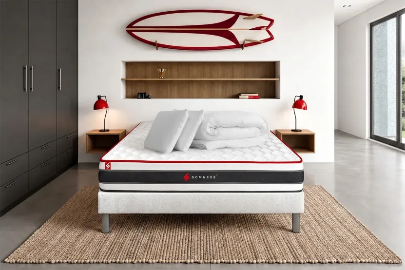 Pack lit complet 140x190 cm - Matelas + Sommier Blanc (en kit) + 2 oreillers + Couette - Energy