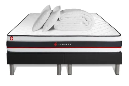 Pack lit complet 180x200 cm - Matelas + 2 Sommiers noirs + 2 oreillers + Couette - Form