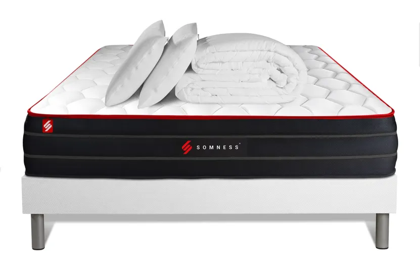 Pack lit complet 180x200 cm - Matelas + Sommier Blanc (en kit) + 2 oreillers + Couette - Boost