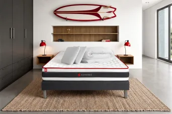 Pack lit complet 180x200 cm - Matelas + Sommier Noir (en kit) + 2 oreillers + Couette - Energy