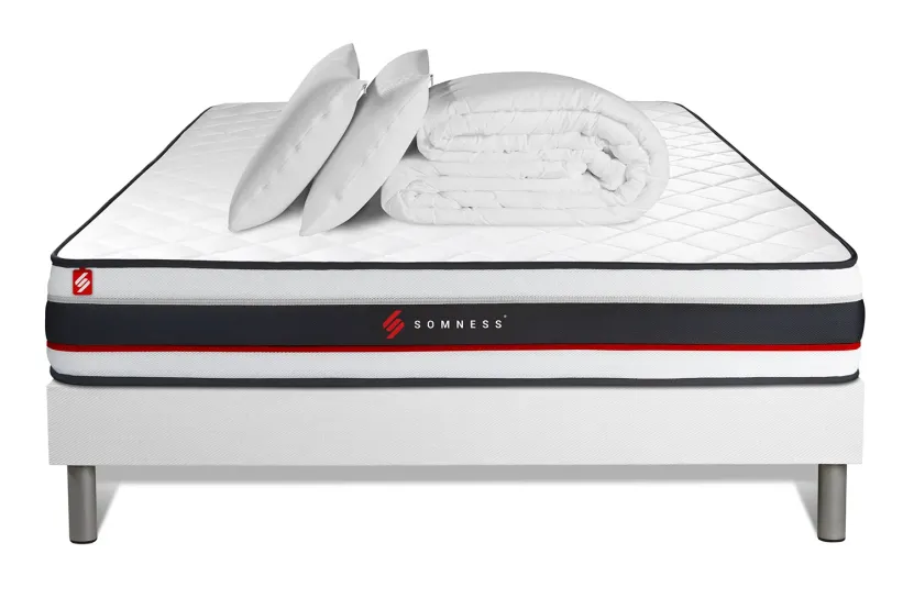 Pack lit complet 180x200 cm - Matelas + Sommier Blanc (en kit) + 2 oreillers + Couette - Form