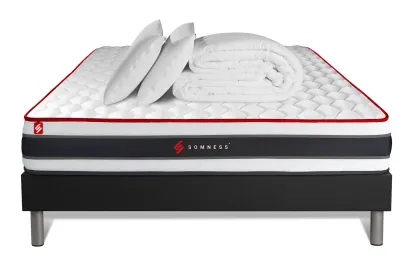 Pack lit complet 160x200 cm - Matelas + Sommier Noir (en kit) + 2 oreillers + Couette - Energy