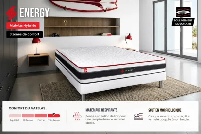 Ensemble Matelas Sommier 90x200 cm - Sommier Noir (déjà monté) - Energy