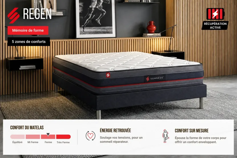 Ensemble Matelas Sommier 90x200 cm - Sommier Noir (en kit) - Regen