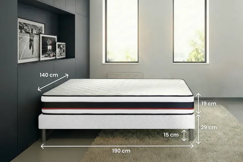 Pack lit complet 140x190 cm - Matelas + Sommier Noir + 2 oreillers + Couette - Form